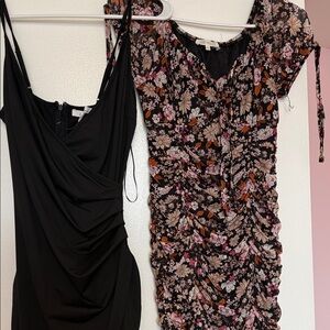 Ruched Floral Mini Dress in Black and Pink